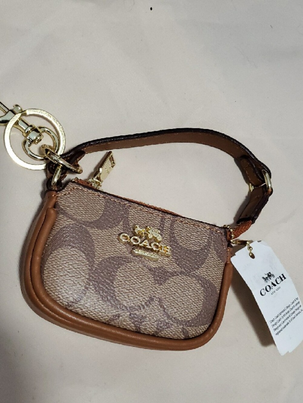 Brown Signature Mini Wristlet Key Pouch with Gold Hardware - Picture 2 of 9